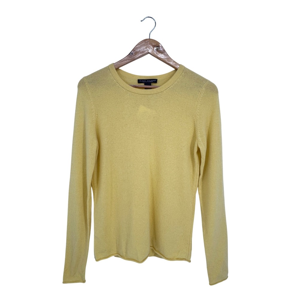 Elena Solano Cashmere Sweater Womens M Yellow Crew Neck Luxury Knit Minimalist